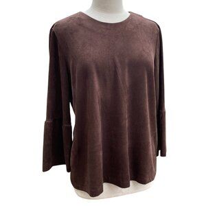 J McLaughlin Faux Suede Top Chocolate Brown Bell Flare Sleeve Dark Whimsigoth-XL